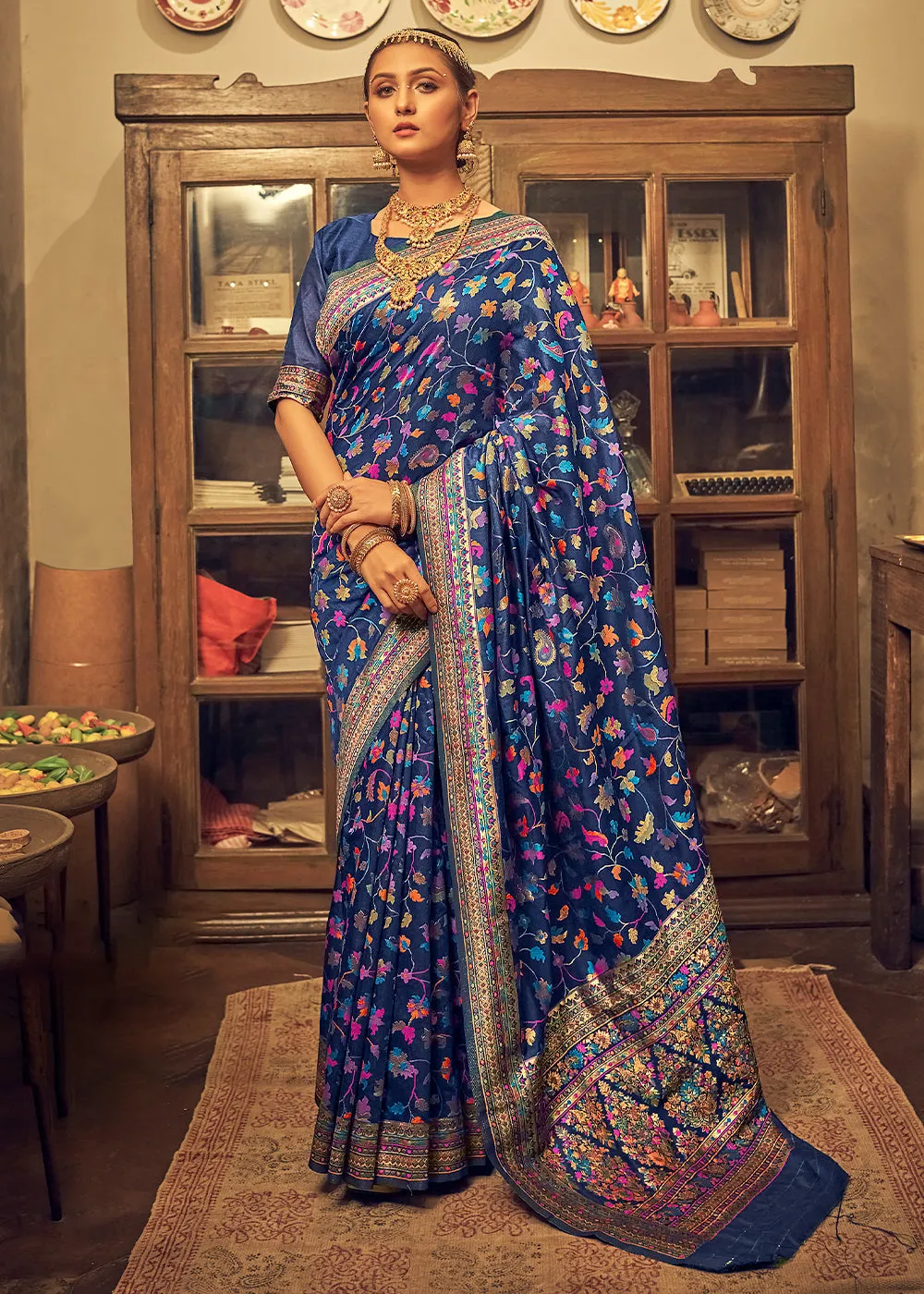 Admiral Blue Kashmiri Weaving Silk Saree