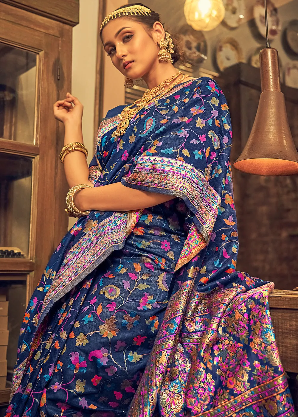 Admiral Blue Kashmiri Weaving Silk Saree