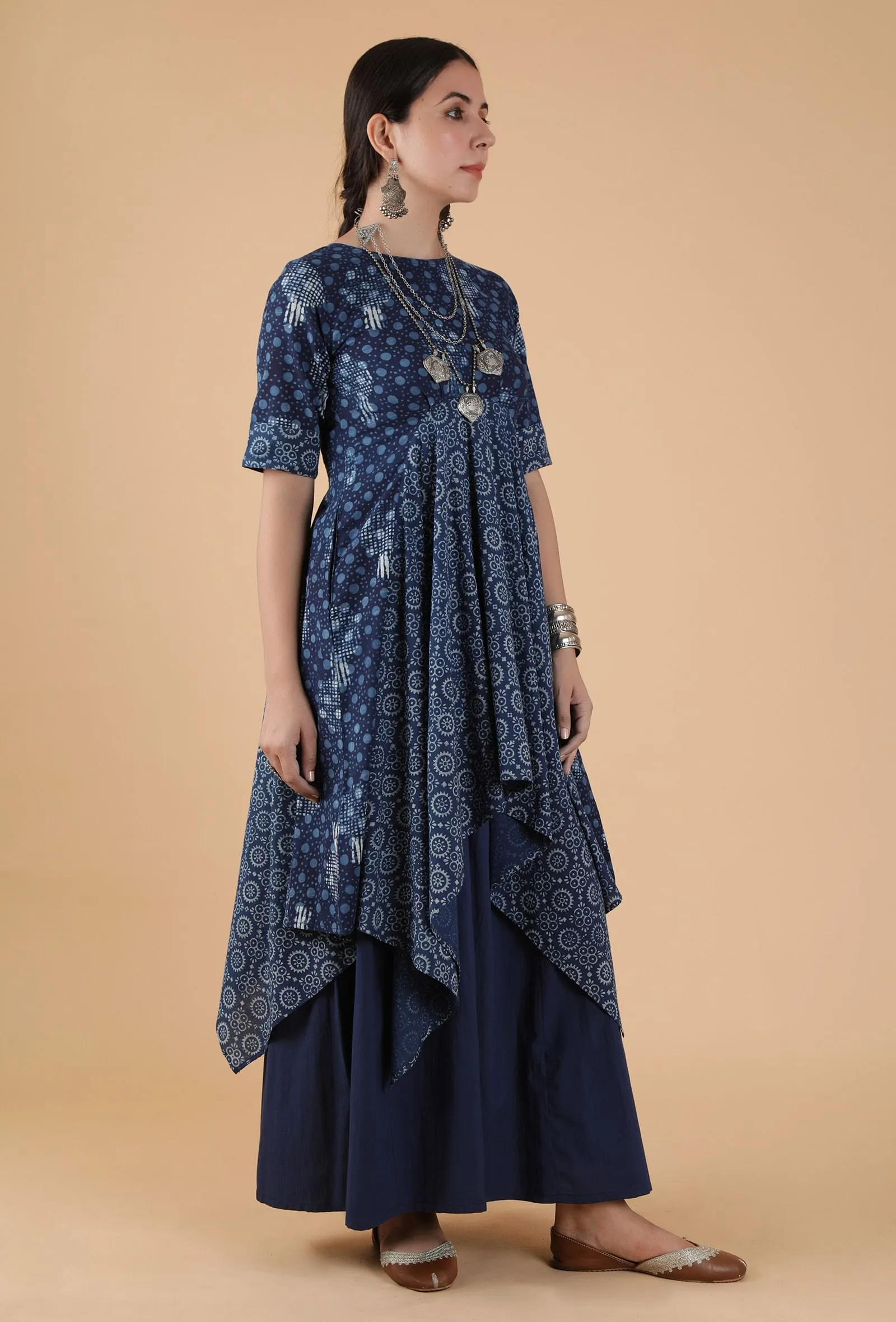 Alpi Indigo Printed Panelled Asymmetric Kurta Dress