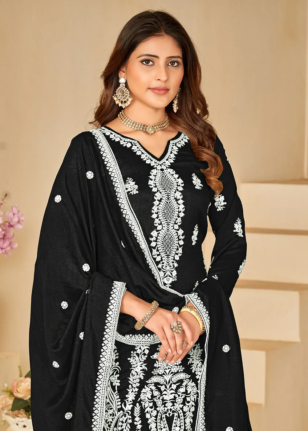 Art Silk Pretty Black Embroidered Palazzo Style Suit