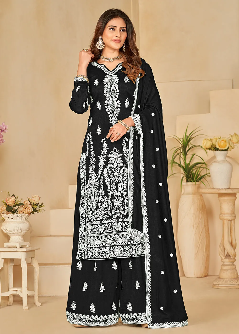 Art Silk Pretty Black Embroidered Palazzo Style Suit