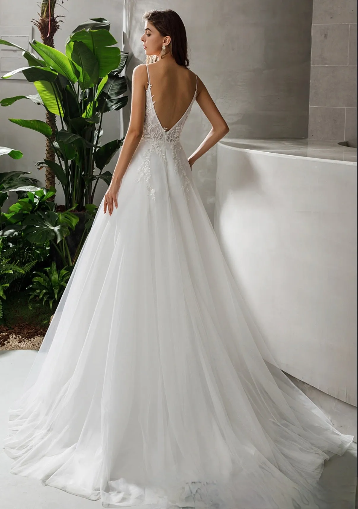 Beaded Straps V-Neck Lace A-Line Long Wedding Dress