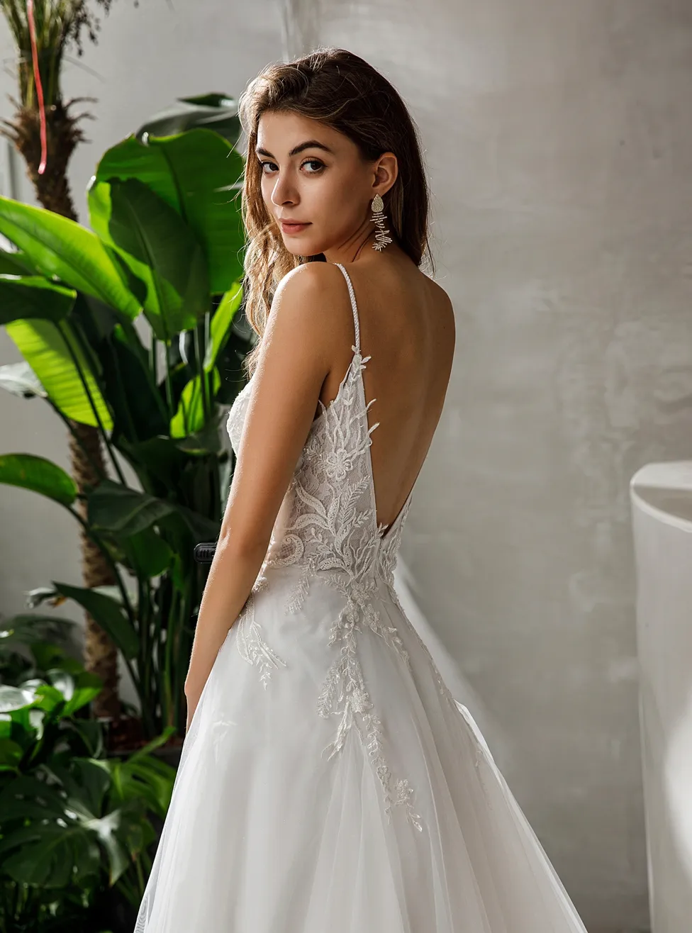 Beaded Straps V-Neck Lace A-Line Long Wedding Dress