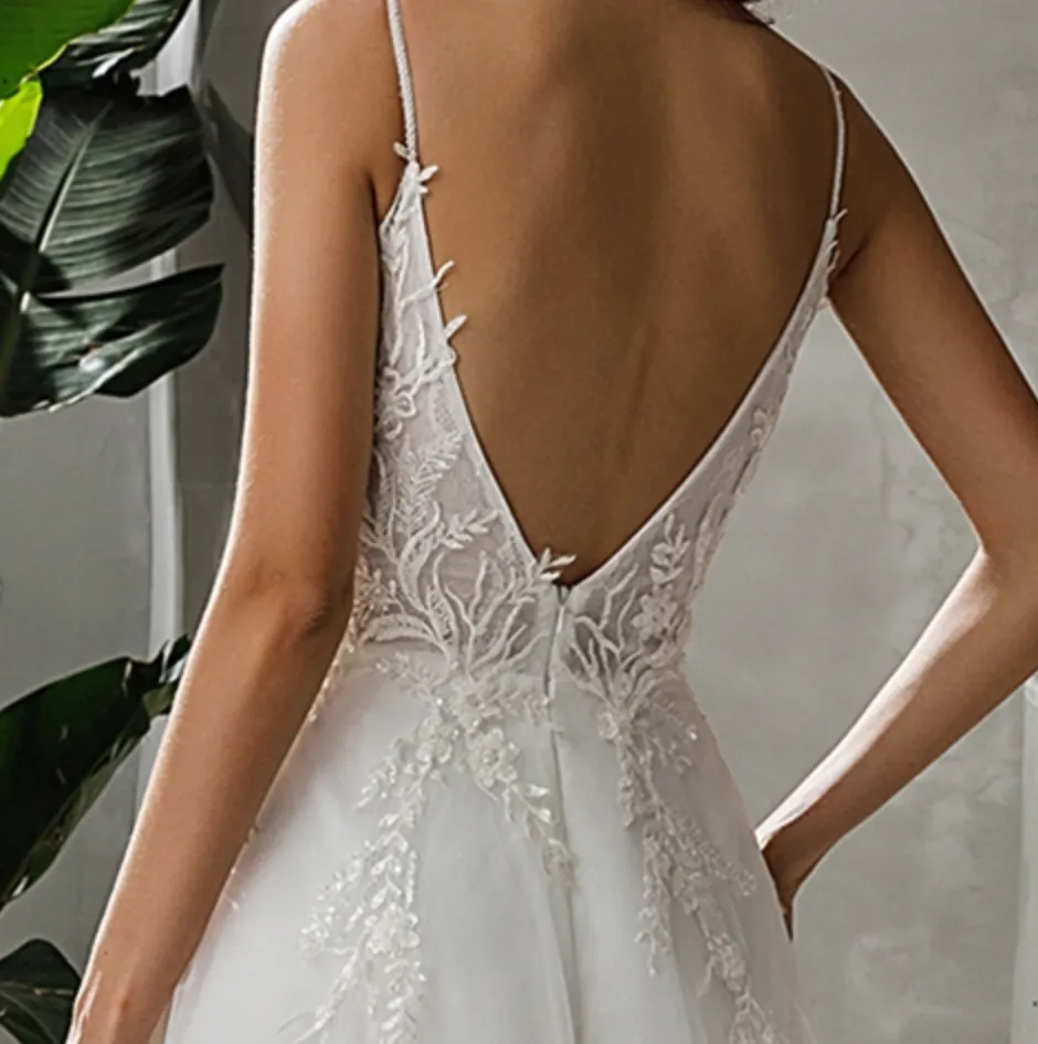 Beaded Straps V-Neck Lace A-Line Long Wedding Dress