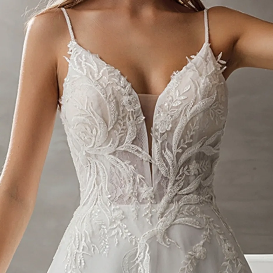 Beaded Straps V-Neck Lace A-Line Long Wedding Dress