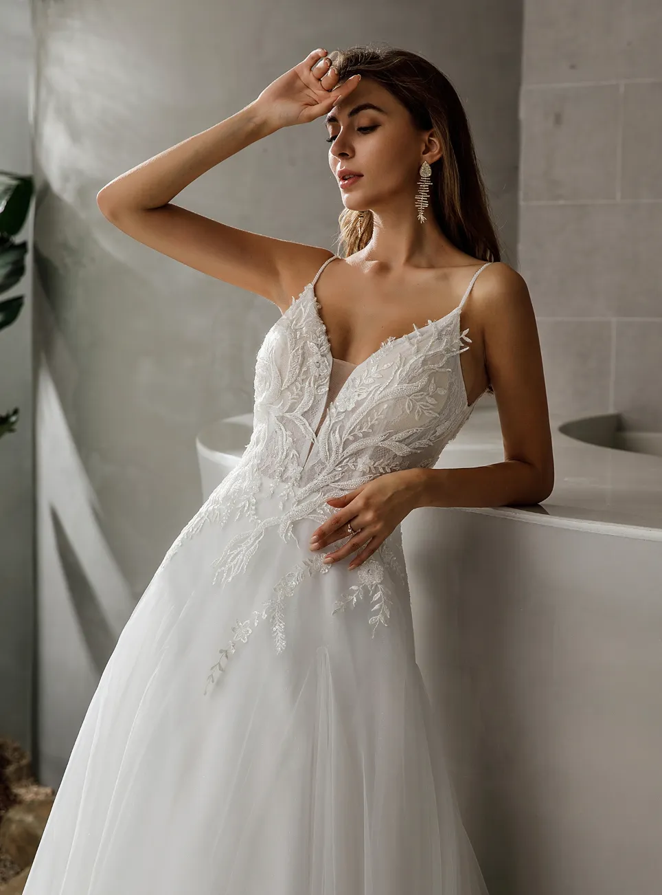 Beaded Straps V-Neck Lace A-Line Long Wedding Dress