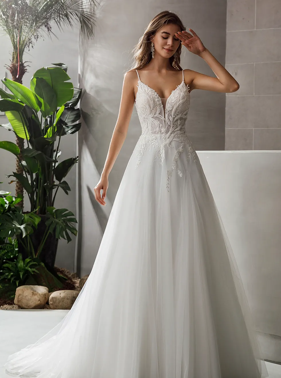 Beaded Straps V-Neck Lace A-Line Long Wedding Dress