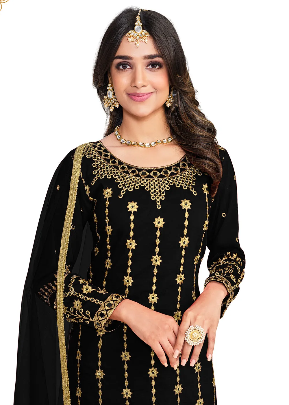 Beautiful Mirror Work Black Silk Festive Salwar Suit