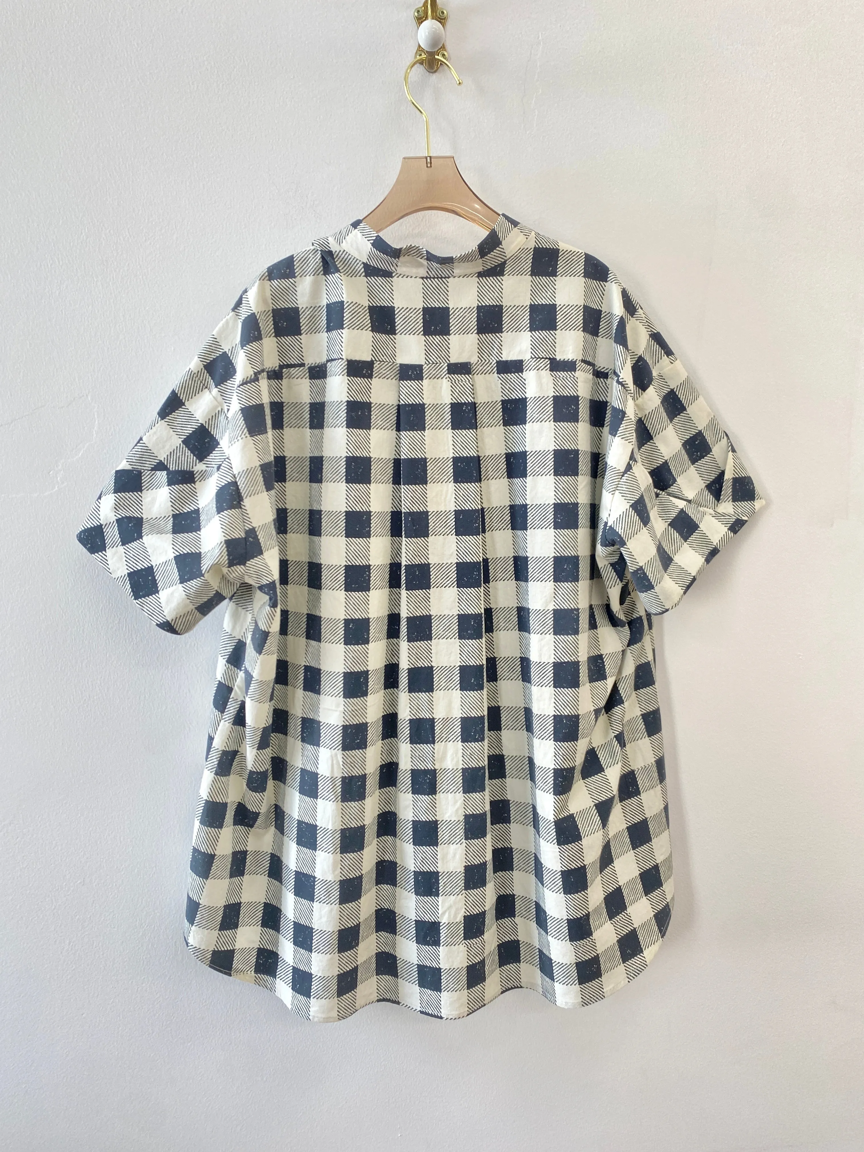 Black & White Gingham Deadstock Novelty Fabric Shirt w/ Pocket Front & Draped Sleeves