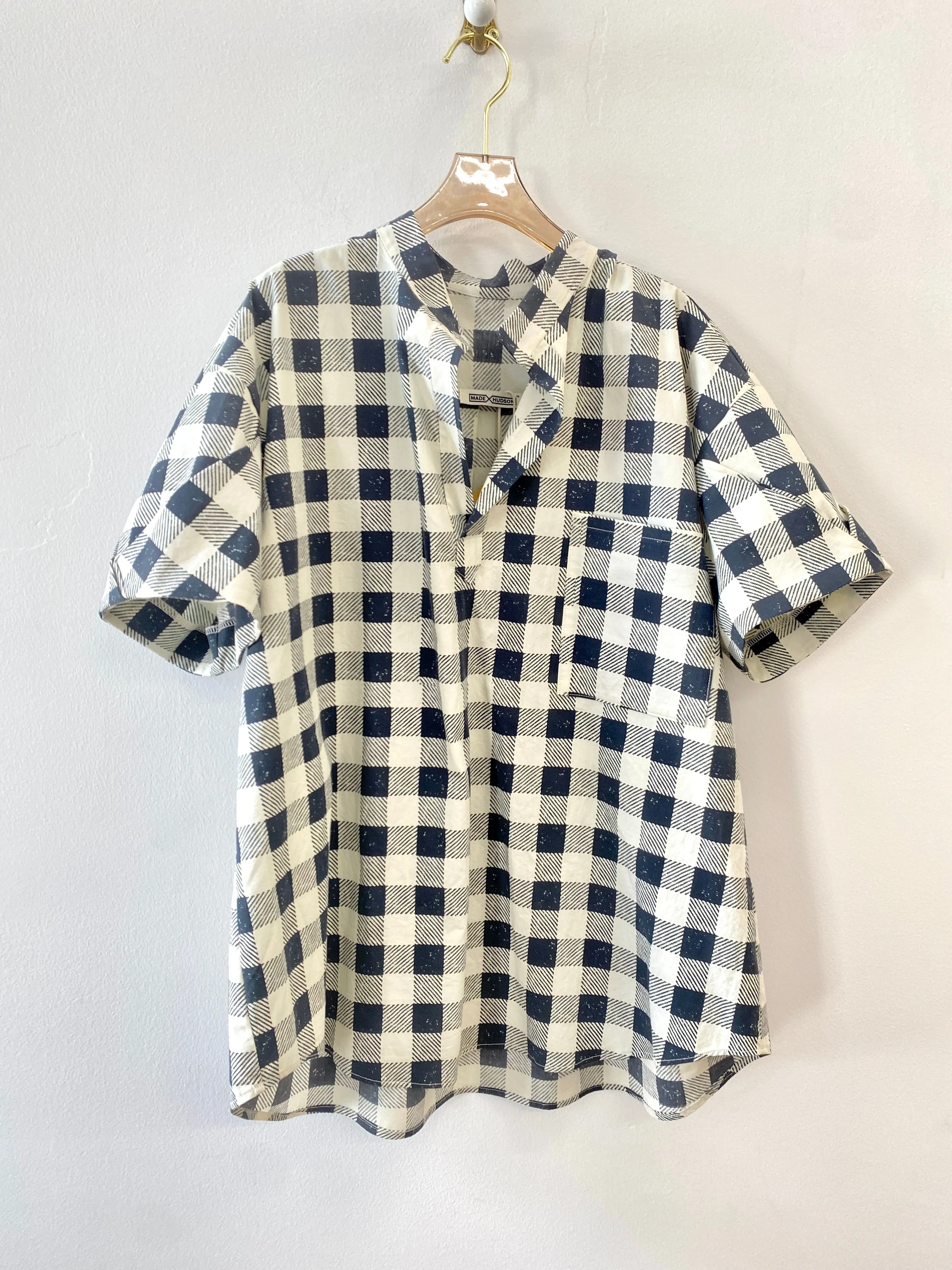 Black & White Gingham Deadstock Novelty Fabric Shirt w/ Pocket Front & Draped Sleeves