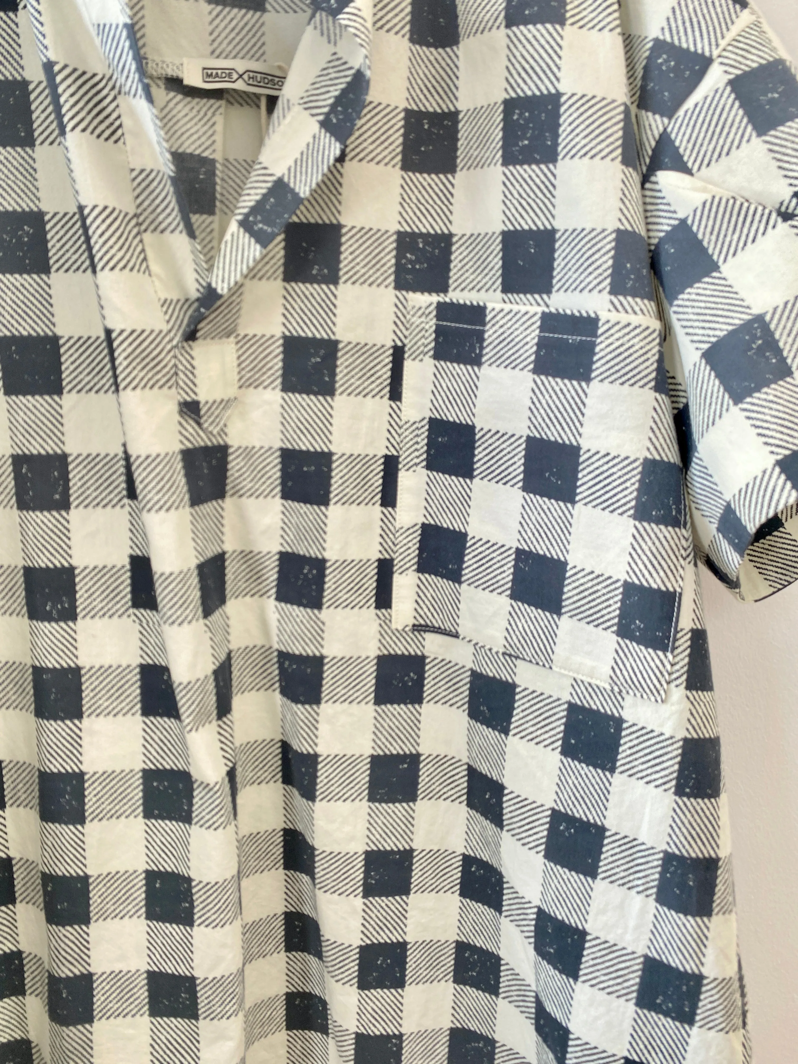 Black & White Gingham Deadstock Novelty Fabric Shirt w/ Pocket Front & Draped Sleeves