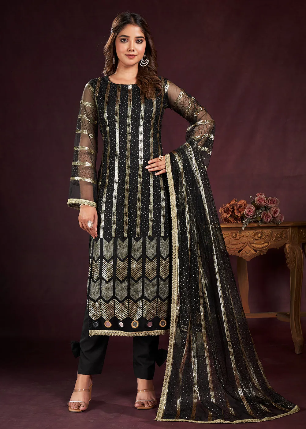 Black Butterfly Net Embroidered Festive Salwar Suit