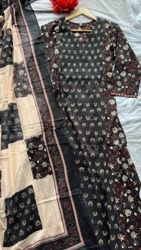 Black cotton 3 piece ajrak kurti suit