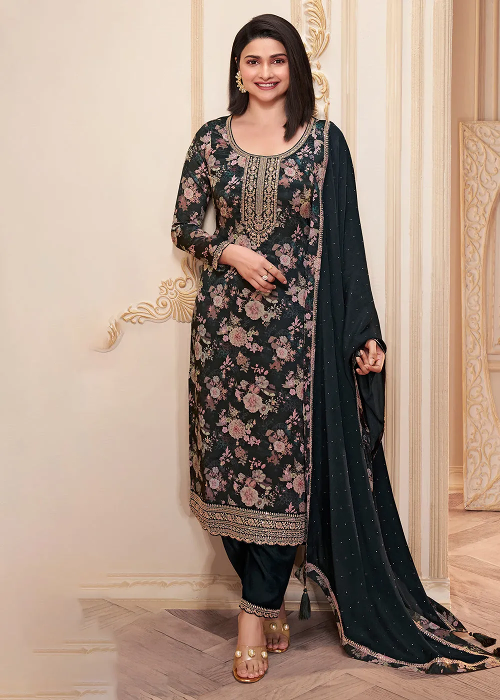 Black Digital Printed Chinnon Festive Salwar Kameez