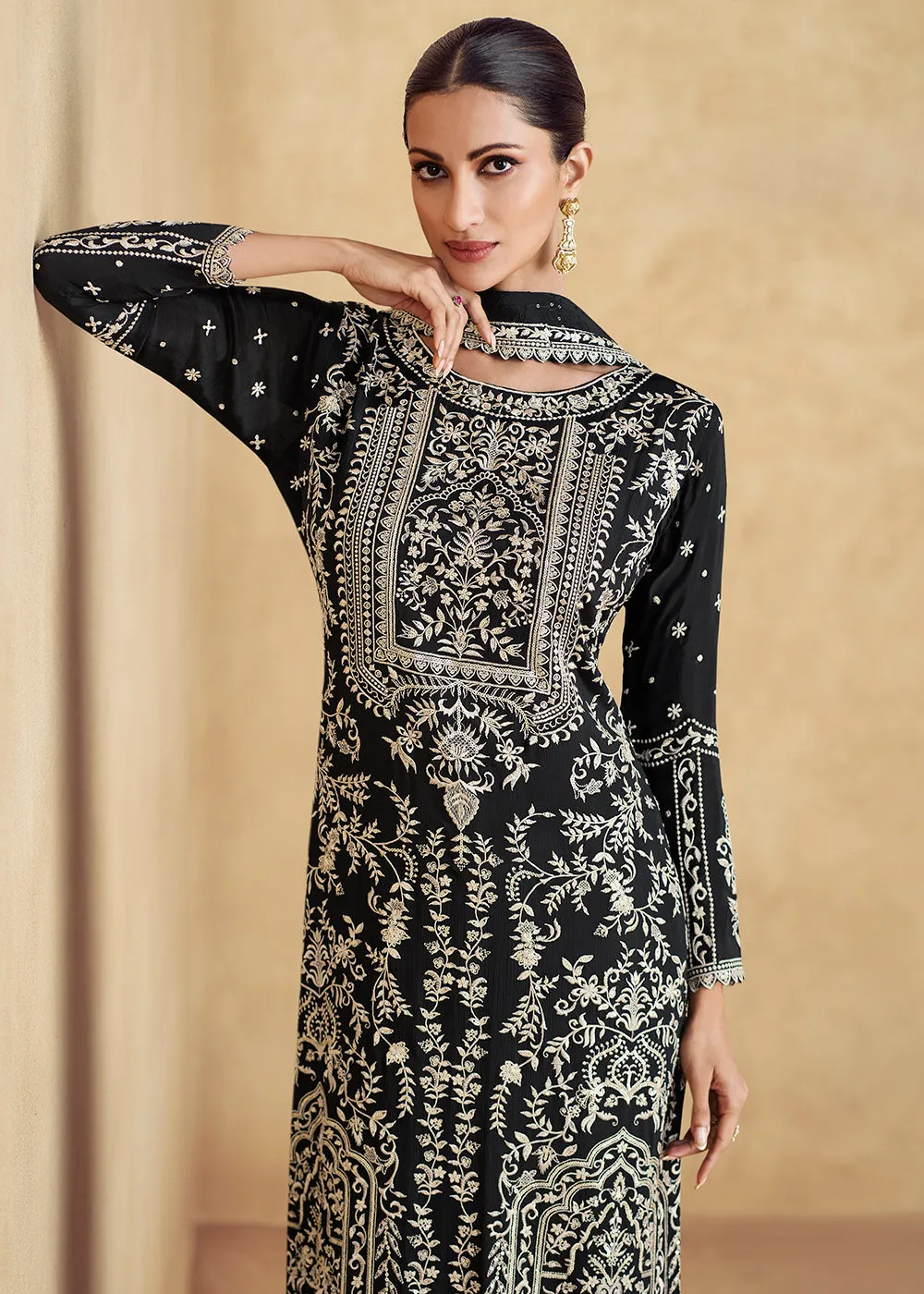 Black Embroidered Chinnon Silk Designer Salwar Suit