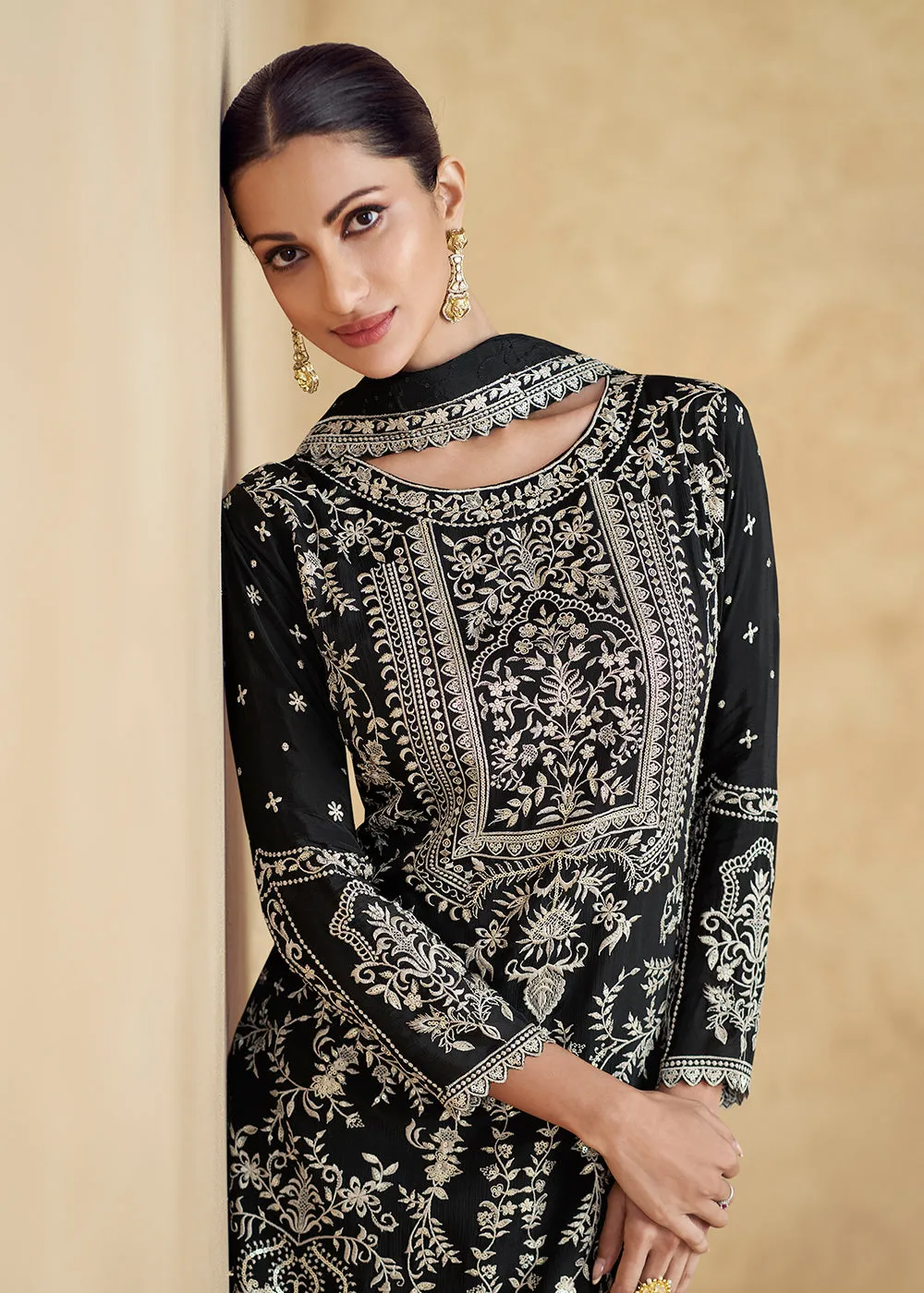 Black Embroidered Chinnon Silk Designer Salwar Suit