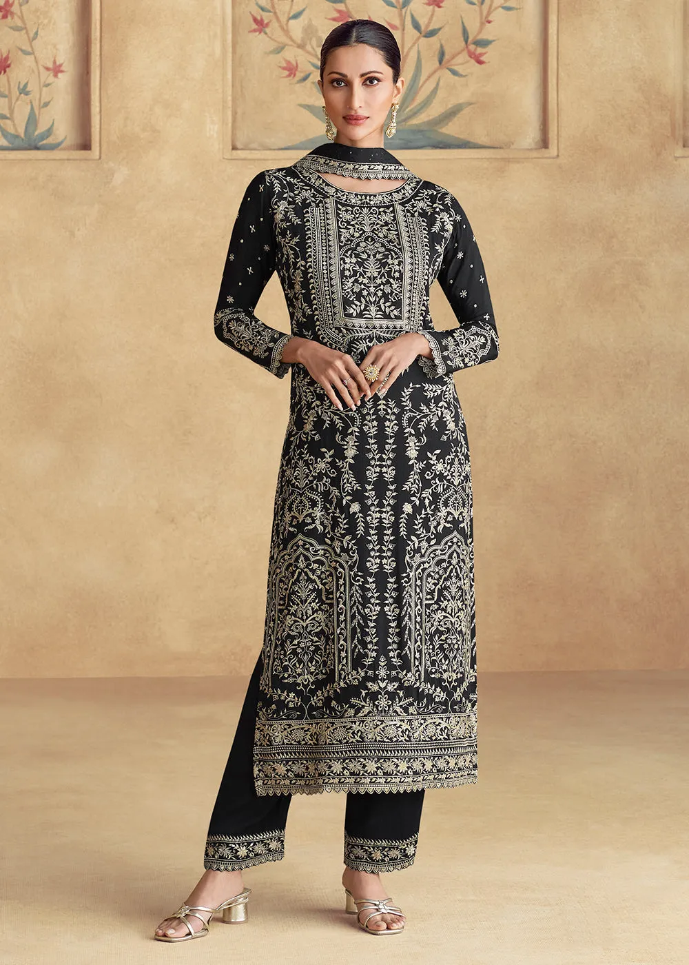 Black Embroidered Chinnon Silk Designer Salwar Suit