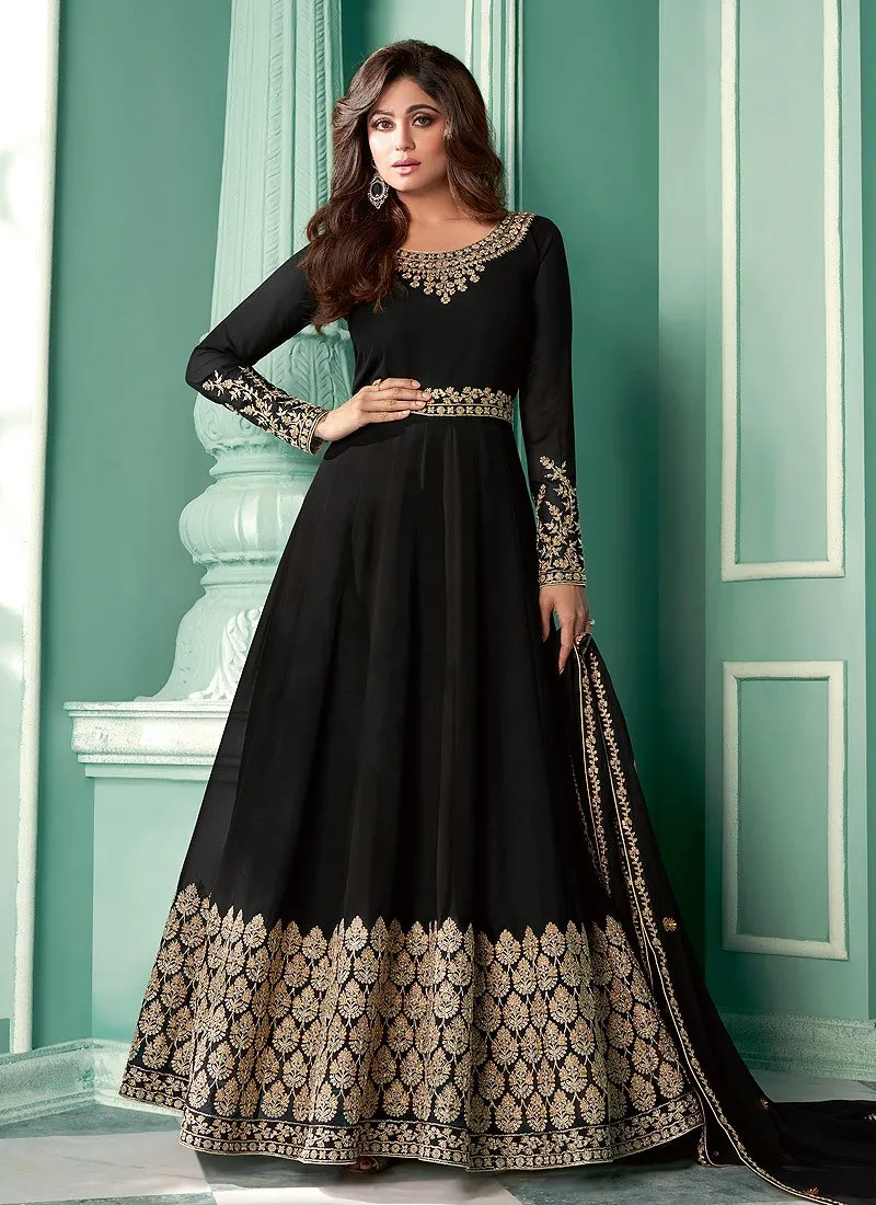 Black Embroidered Shamita Shetty Georgette Anarkali Suit