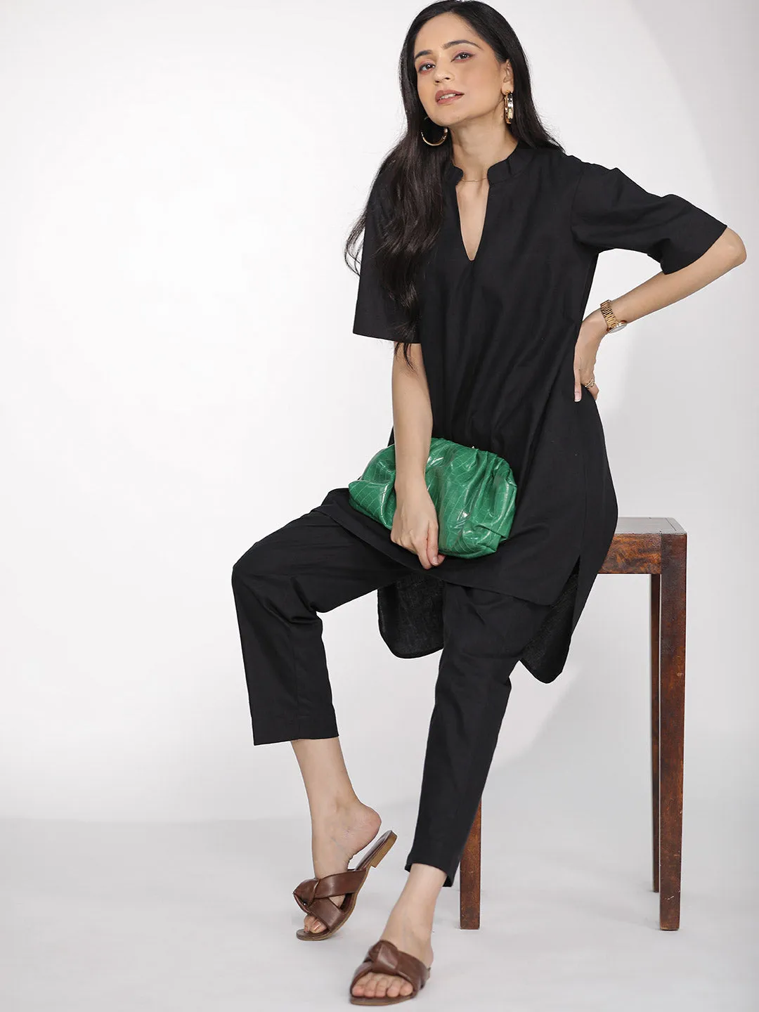 Black Poplin HighLowKurti & Tapered Pants