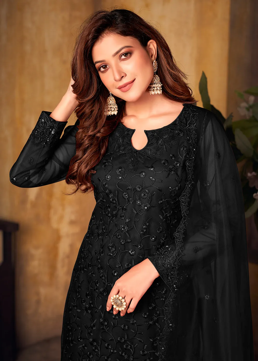 Black Tone to Tone Embroidered Net Salwar Kameez