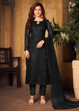 Black Tone to Tone Embroidered Net Salwar Kameez