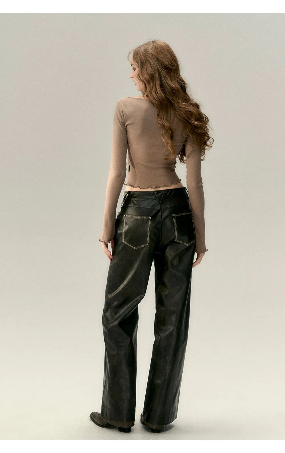 Black Vintage Straight-leg Leather Pants