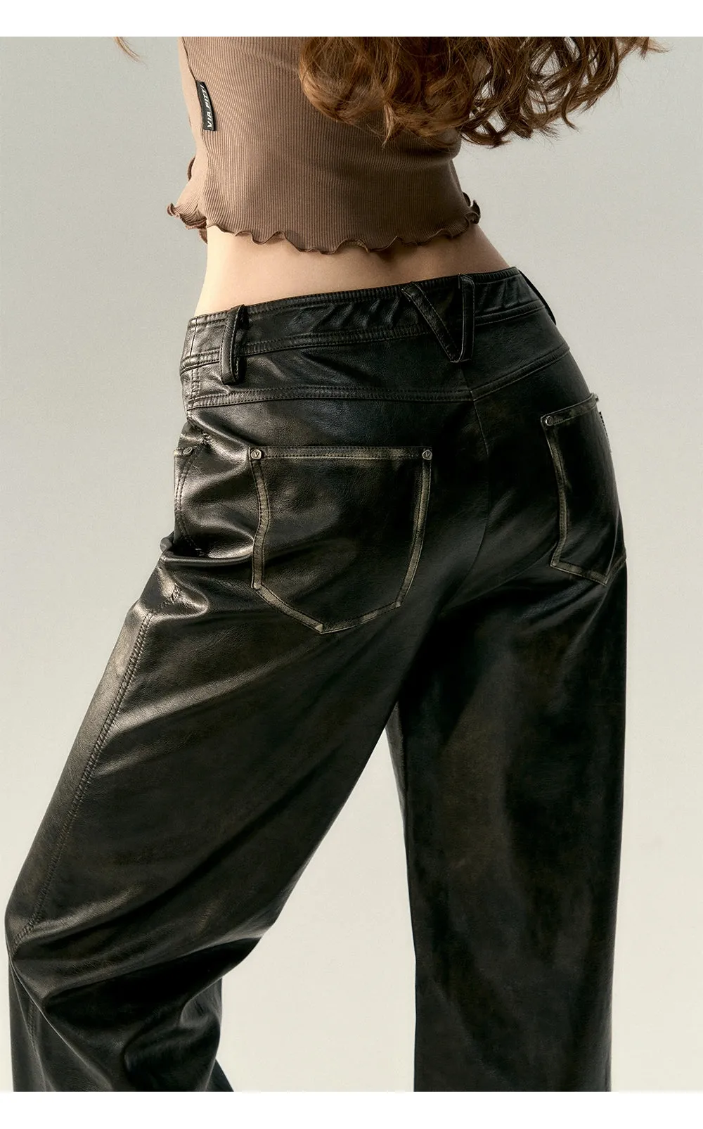 Black Vintage Straight-leg Leather Pants