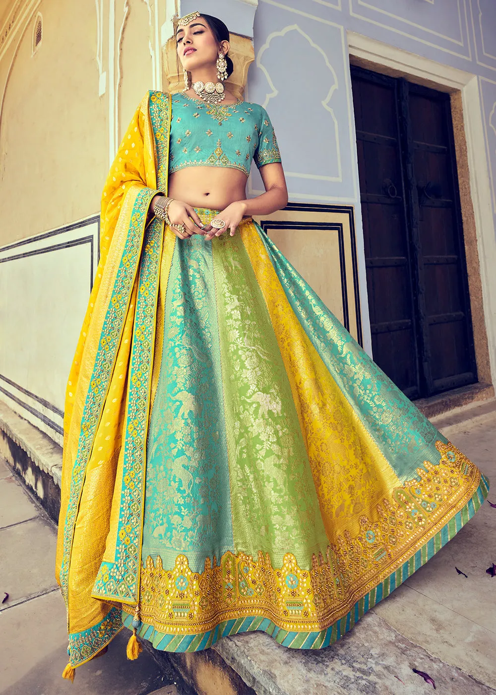 Blue & Yellow Banarasi Silk Lehenga Choli with Khatli and Heavy Embroidered work