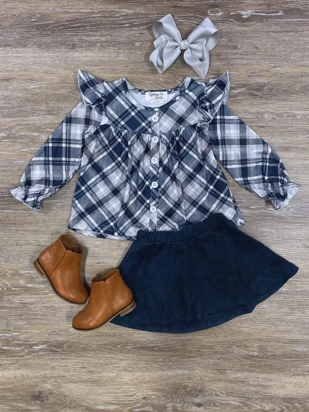 Blue Plaid Ruffle Top Girls Skirt Set