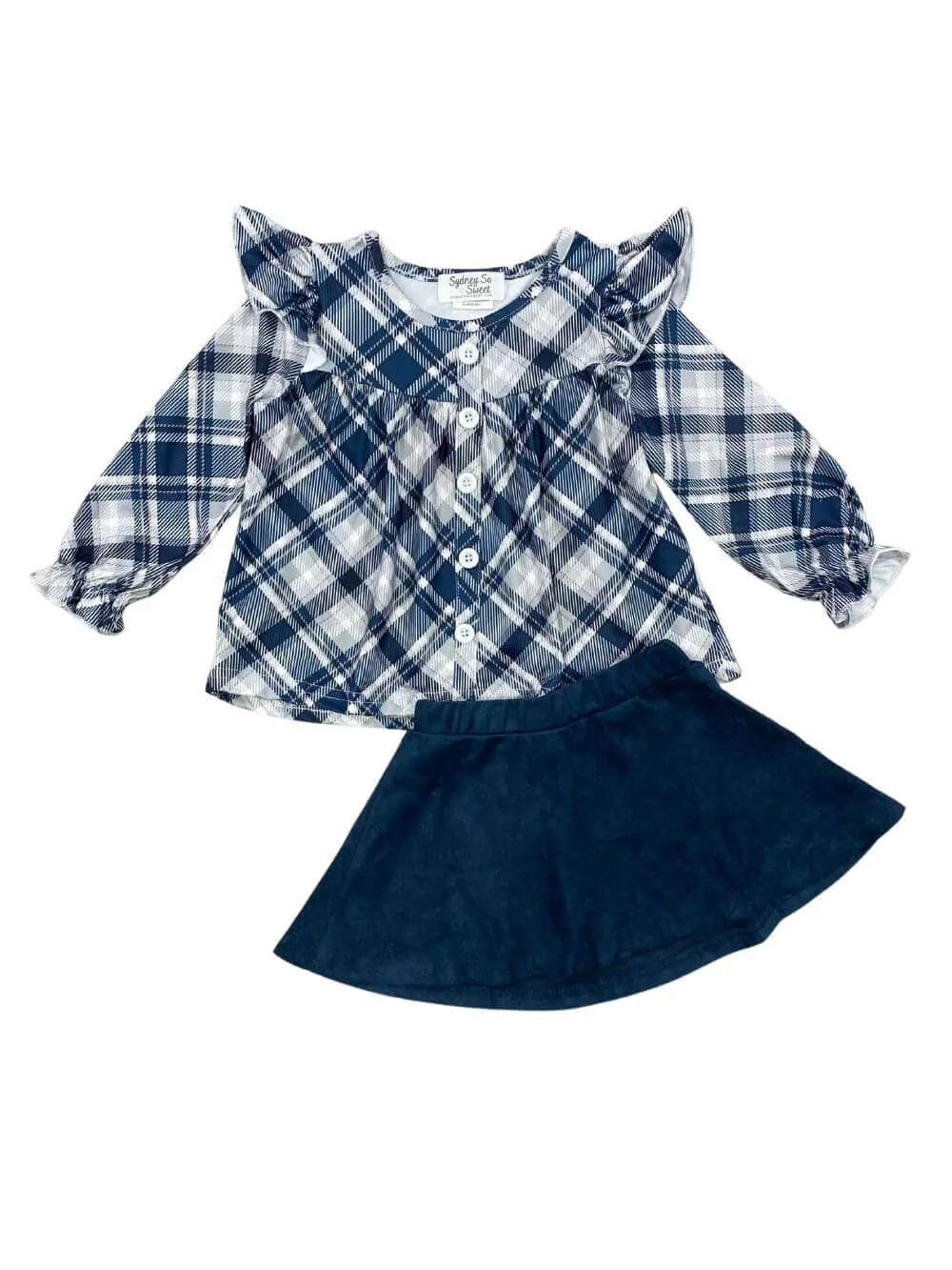 Blue Plaid Ruffle Top Girls Skirt Set