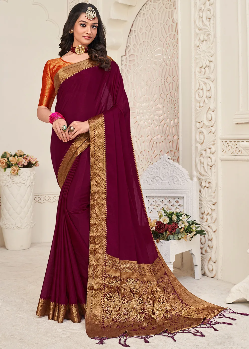 Burgundy Purple Woven Chinon Silk Saree