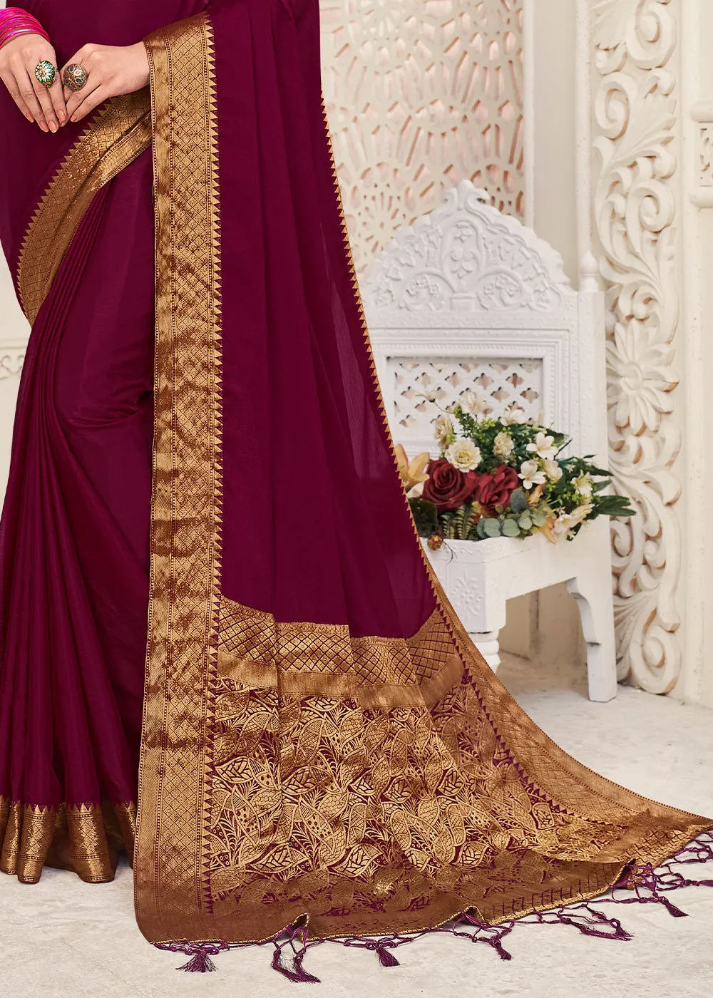 Burgundy Purple Woven Chinon Silk Saree