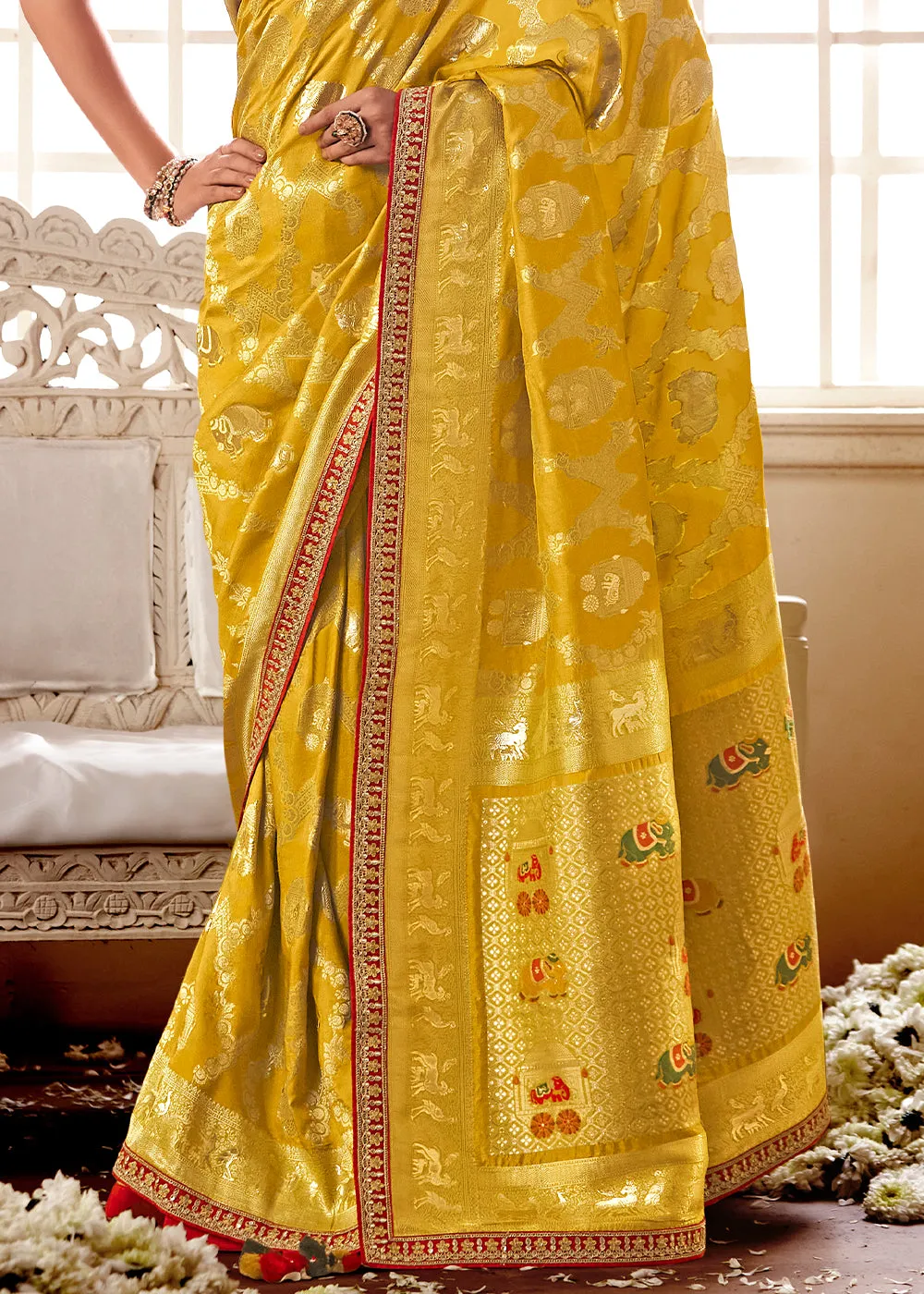 Canary Yellow Woven Dola Silk Saree with Contrast Embroidered Border