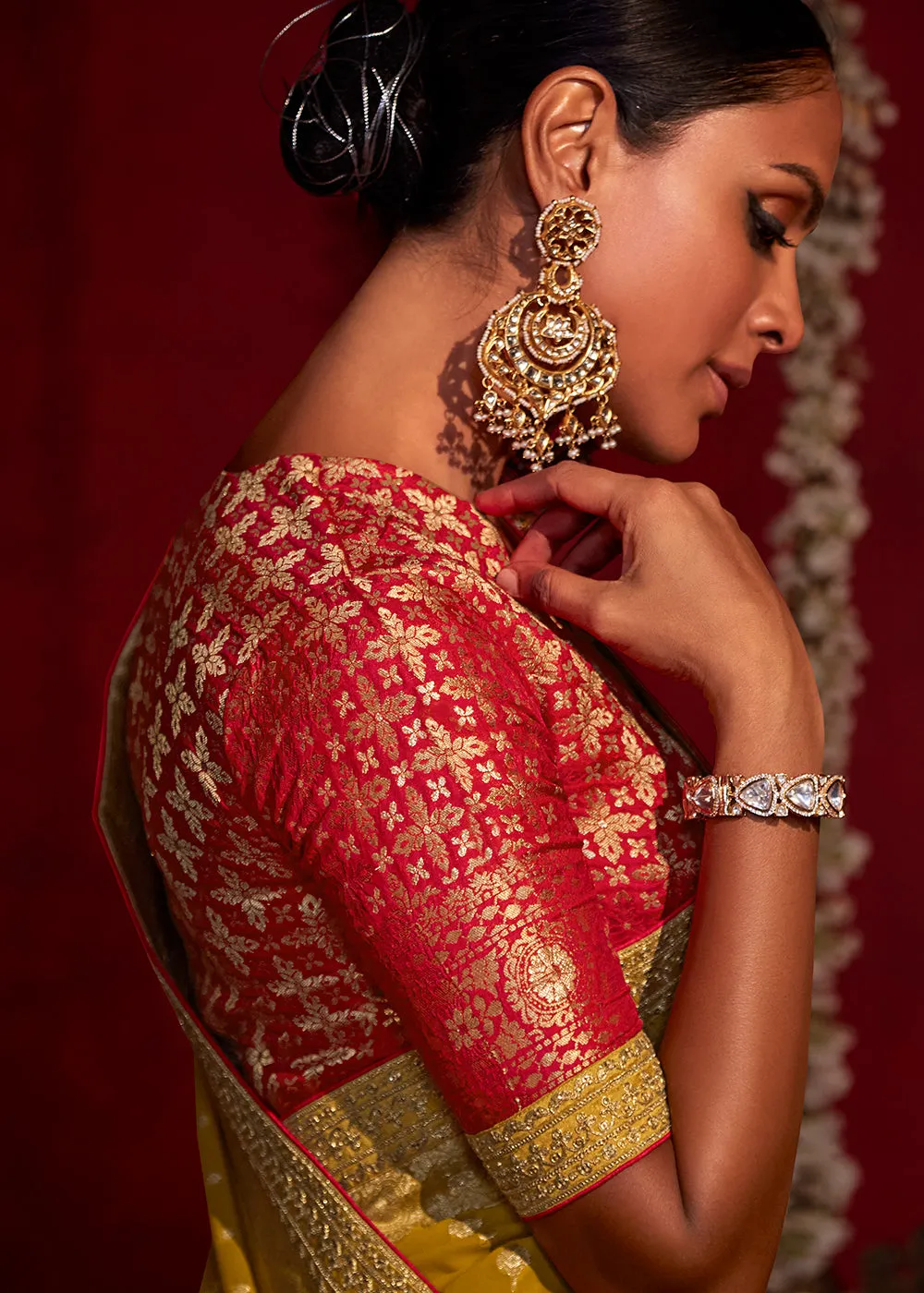 Canary Yellow Zari Woven Khadi Silk Saree with Contrast Blouse