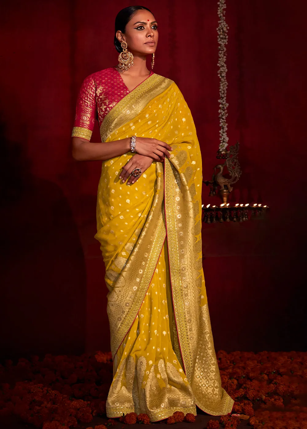 Canary Yellow Zari Woven Khadi Silk Saree with Contrast Blouse