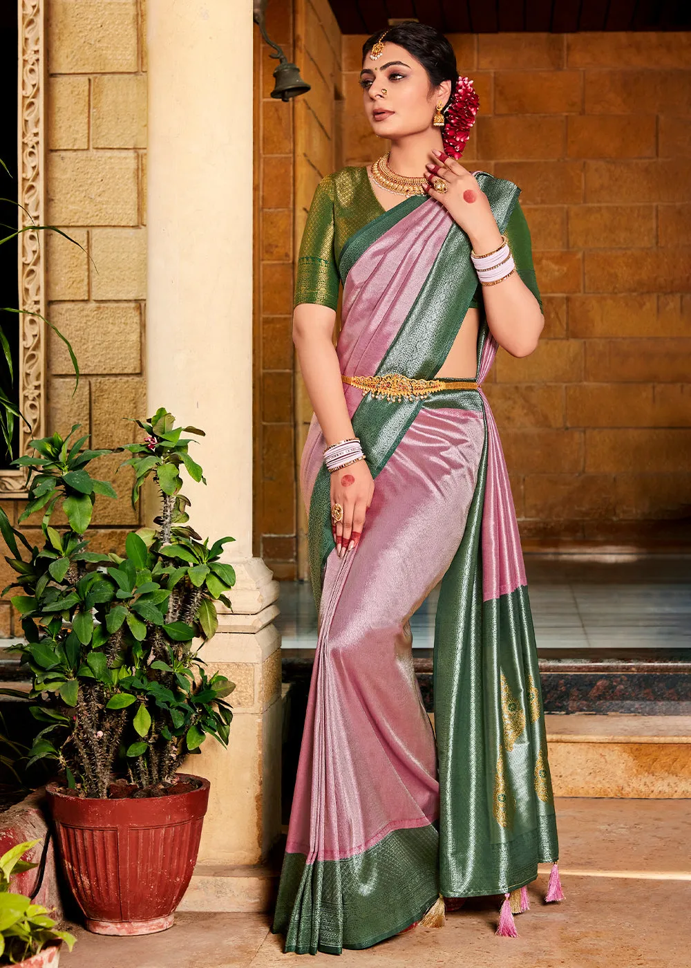 Carnation Pink Zari Woven Kanjivaram Silk Saree with Contrast Border & Pallu