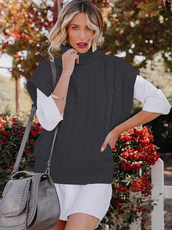 Casual Loose Short Sleeves Jacquard Solid Color High-Neck Sweater Tops Vest Outerwear