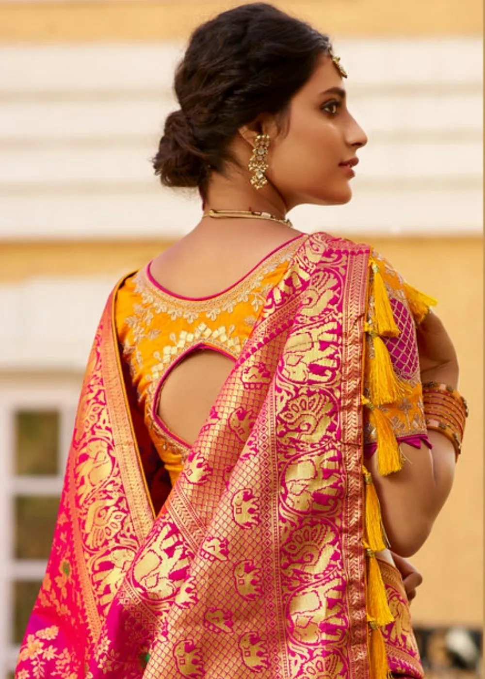 Cerise Pink Woven Banarasi Silk Saree with Embroidered Blouse