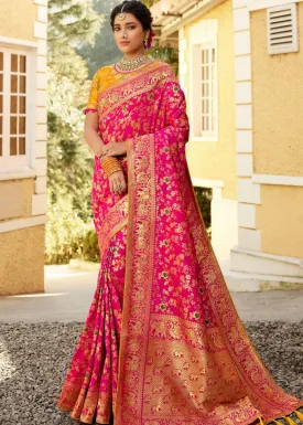 Cerise Pink Woven Banarasi Silk Saree with Embroidered Blouse