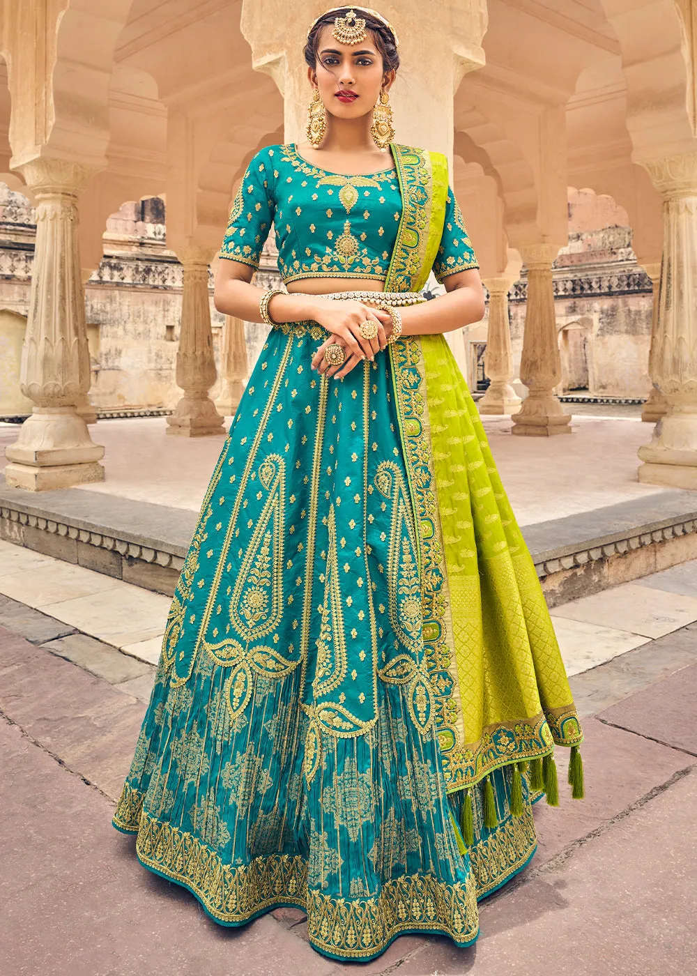 Cerulean Blue Banarasi Silk Lehenga Choli with Heavy Embroidery Work