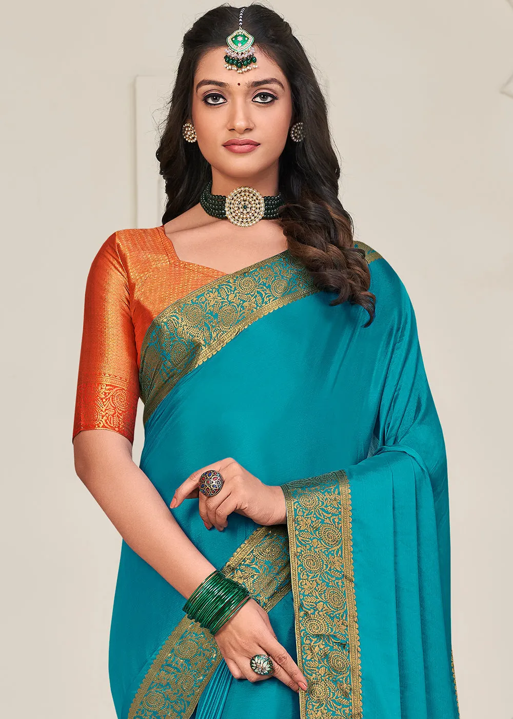 Cerulean Blue Woven Chinon Silk Saree