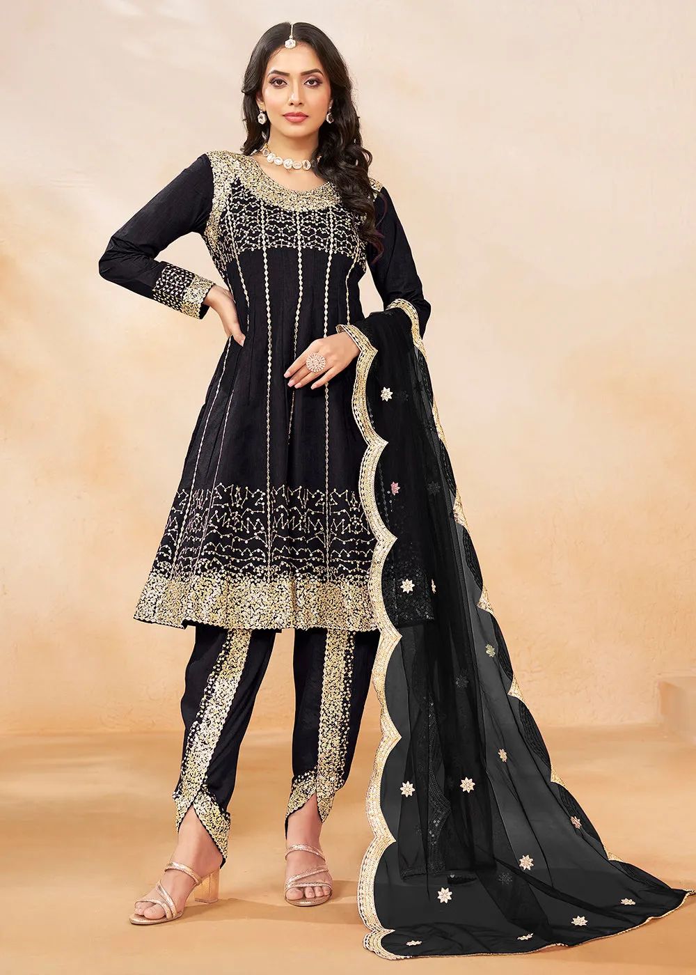 Charming Black Punjabi Dhoti Style Festive Party Suit