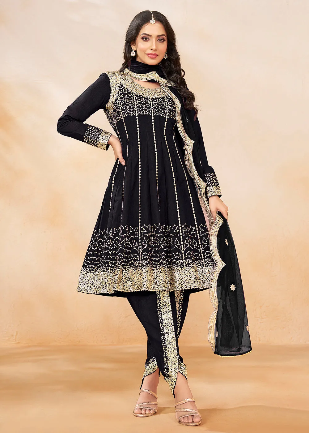 Charming Black Punjabi Dhoti Style Festive Party Suit