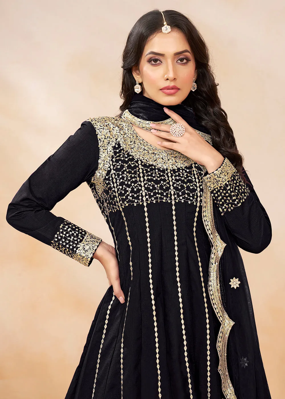 Charming Black Punjabi Dhoti Style Festive Party Suit