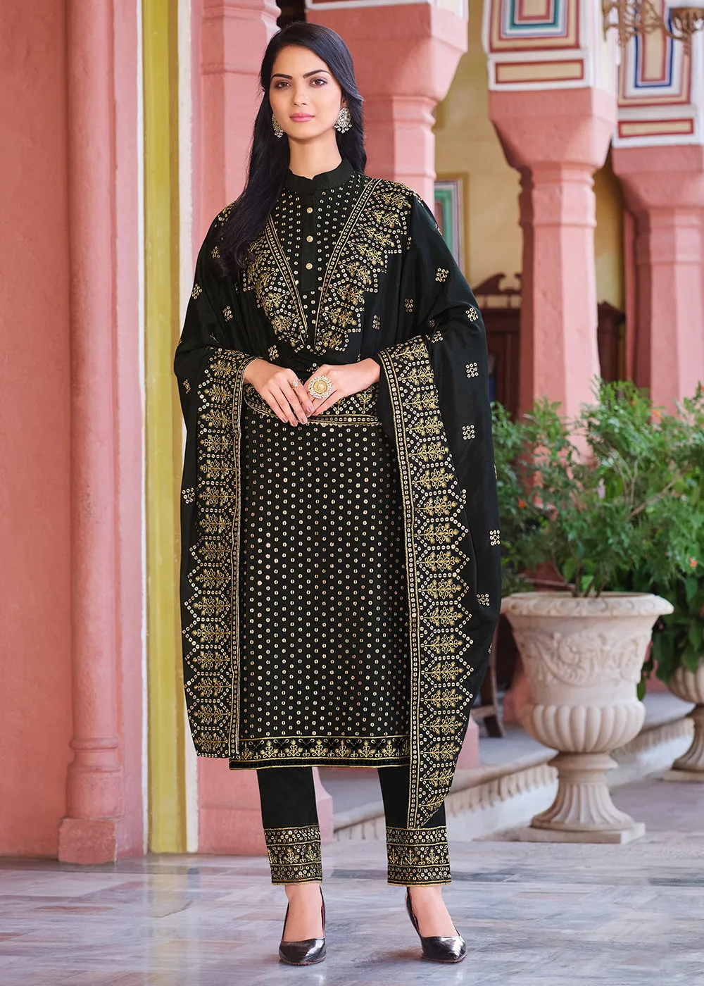 Classic Black Pakistani Pant Style Chinnon Salwar Suit