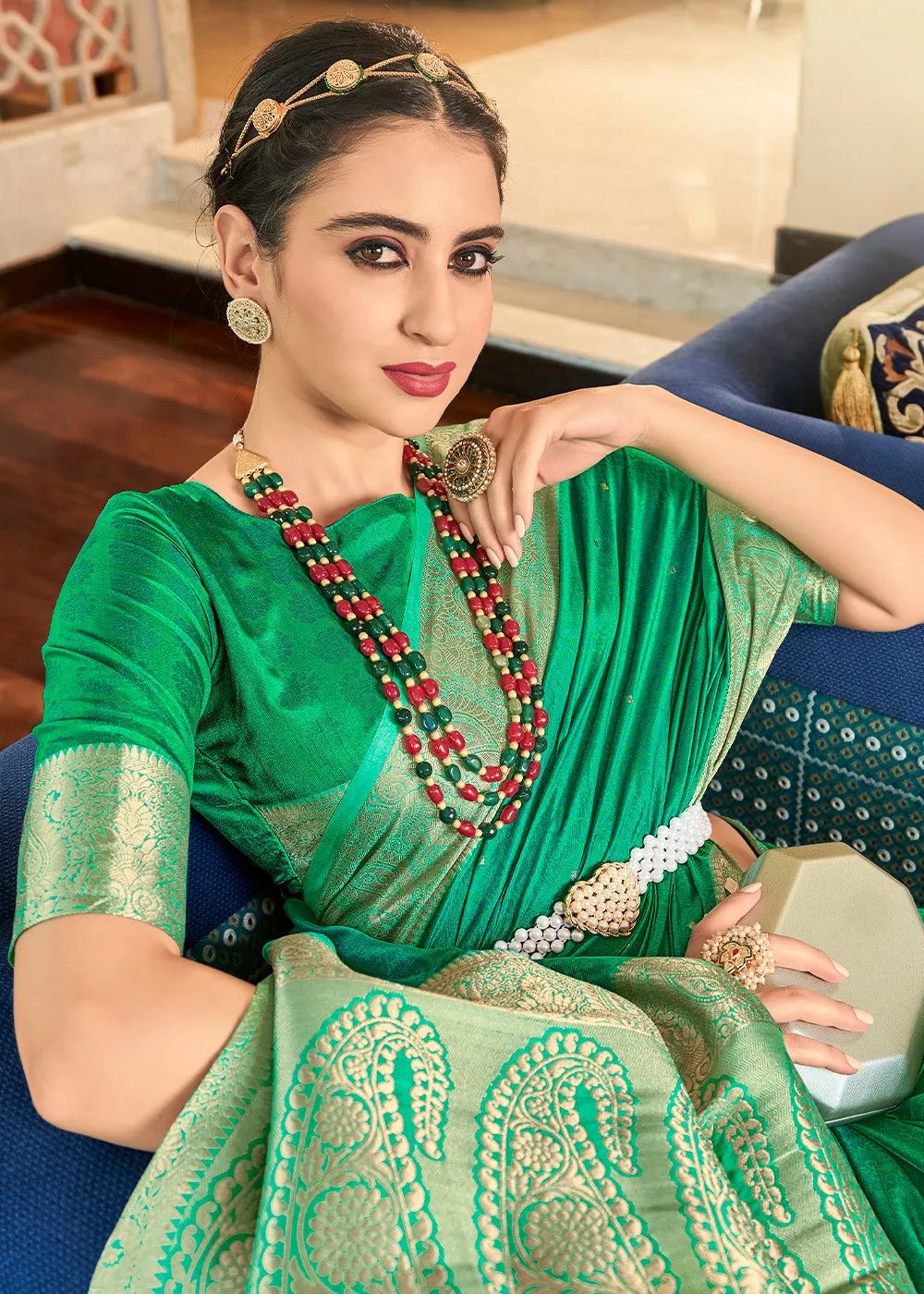 Clover Green Woven Two Tone Soft Silk Saree