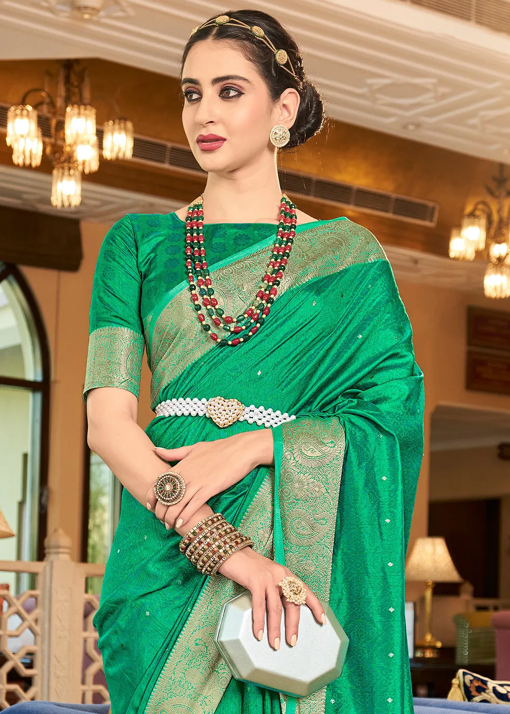 Clover Green Woven Two Tone Soft Silk Saree