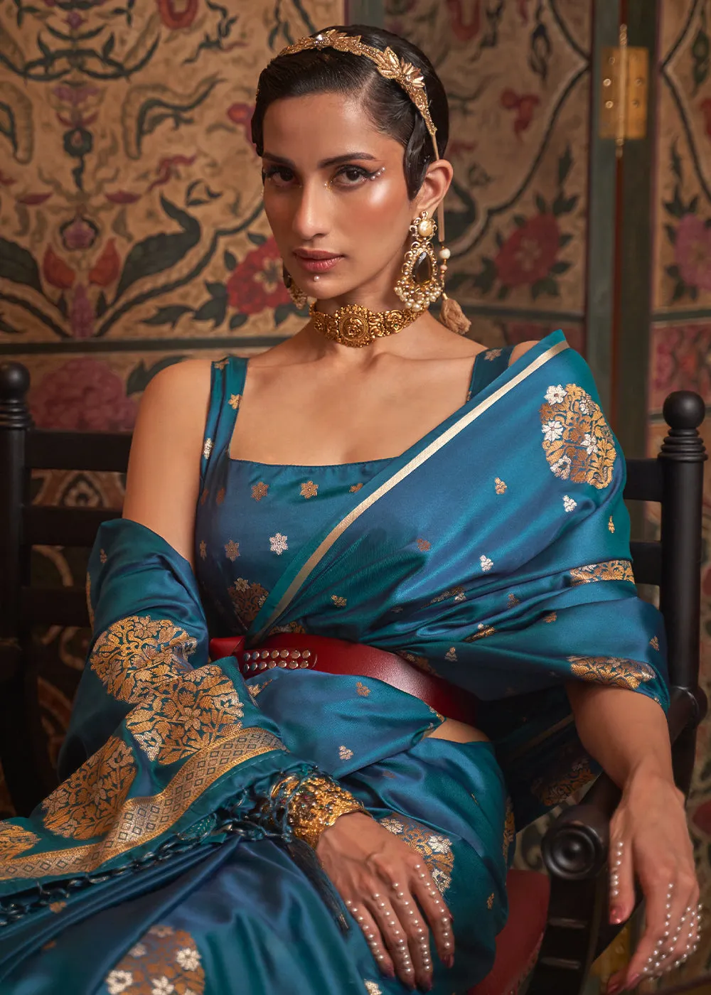 Cobalt Blue Copper Zari Woven Satin Silk Saree