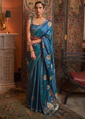 Cobalt Blue Copper Zari Woven Satin Silk Saree