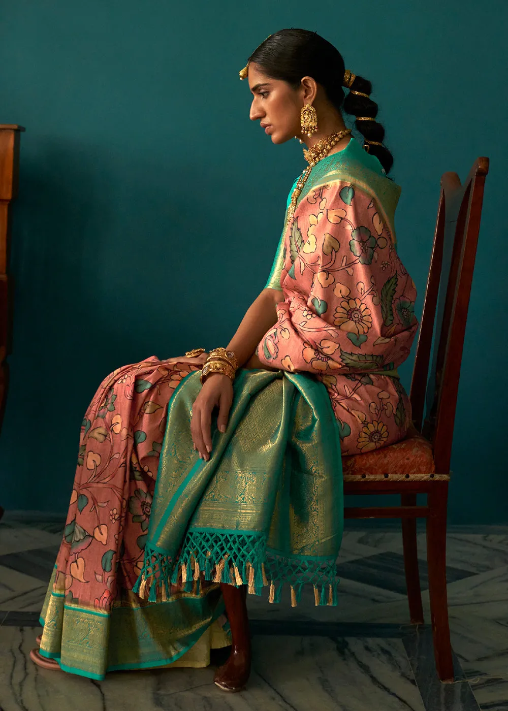 Dark Peach Pink Tussar Silk Saree with kalamkari Print